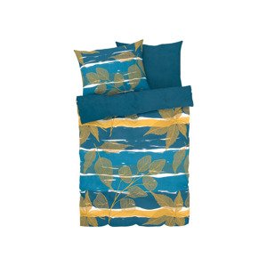LIVARNO home Saténové ložní povlečení, 200 x 220 cm,  (pruhy / listy modrá)
